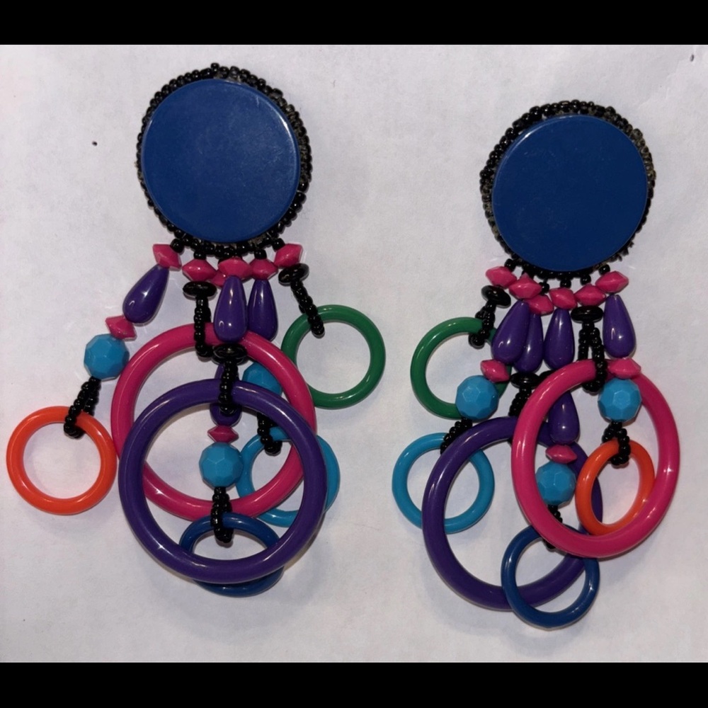 VTG Big 80's Colorful Geometric Beaded 4" Waterfall DANGLE STATEMENT Earrings